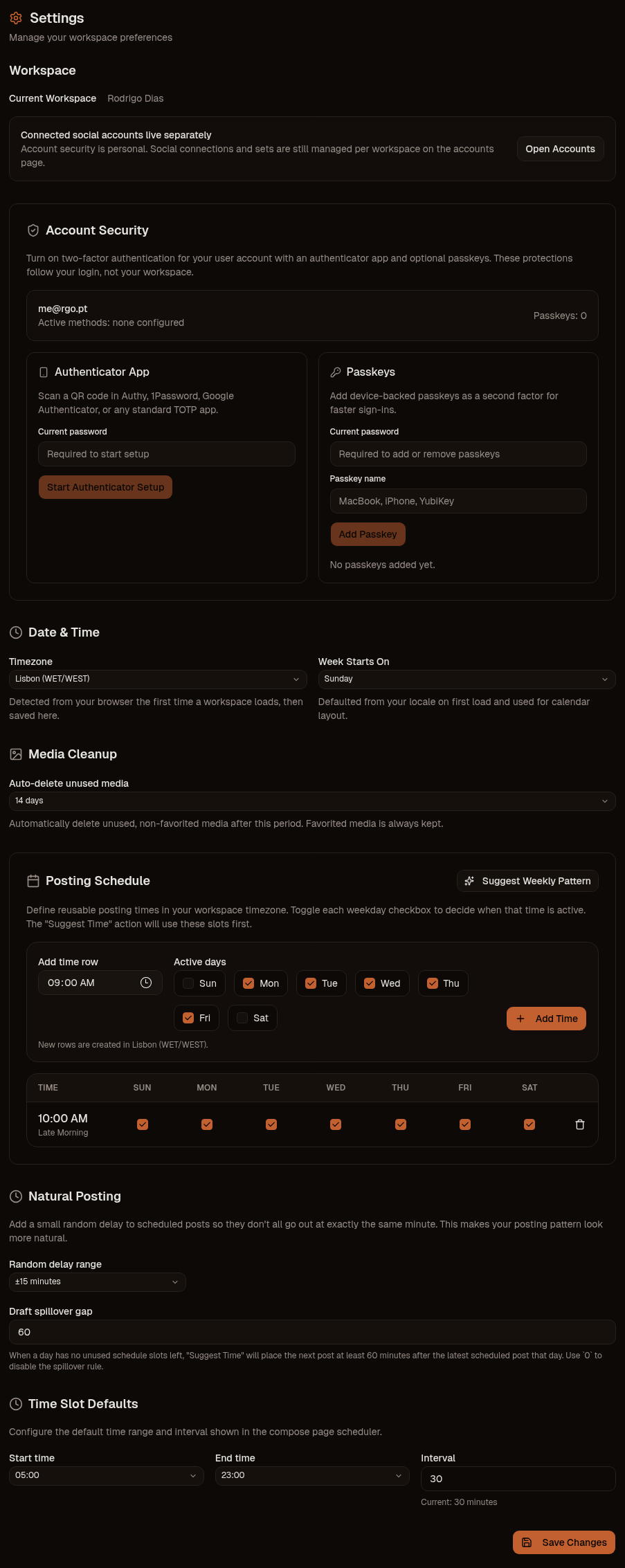 OpenPost settings page